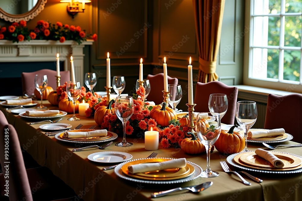 A beautifully set table for Thanksgiving dinner with candles and flowers, ideal for editorial use A beautifully set table for Thanksgiving dinner with candles and flowers, ideal for editorial use