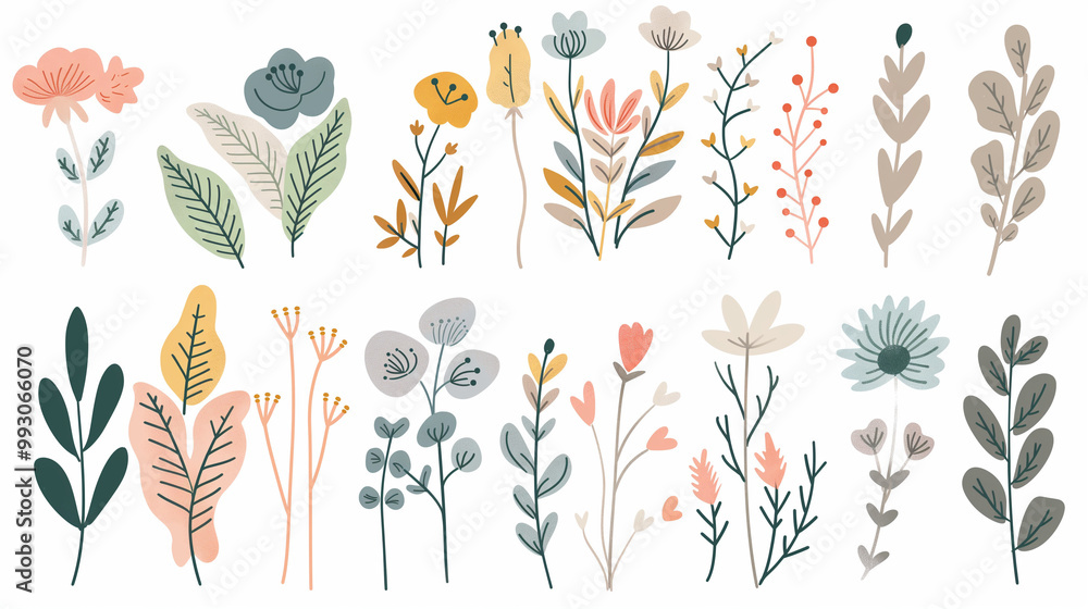 Fototapeta premium Cute abstract drawings, simple shapes and patterns such as flowers and leaves, pastel colors, flat design, white background
