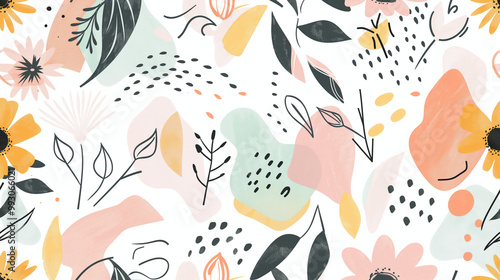 Cute abstract drawings, simple shapes and patterns such as flowers and leaves, pastel colors, flat design, white background