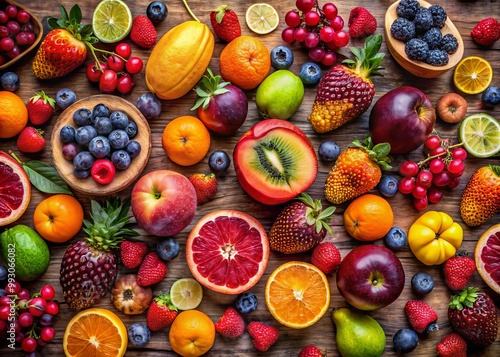 A delightful display of assorted fruits rests elegantly on a wooden table, radiating a spectrum of vibrant colors