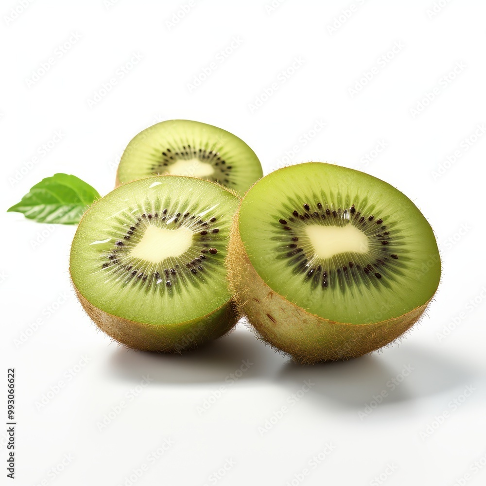 Fresh kiwi fruit halves with one whole kiwi on a white background Fresh kiwi fruit halves with one whole kiwi on a white background