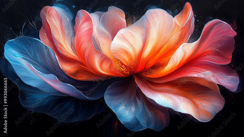A vibrant abstract flower with bold, swirling petals in shades of pink, orange, and blue, A vibrant abstract flower with bold, swirling petals in shades of pink, orange, and blue,