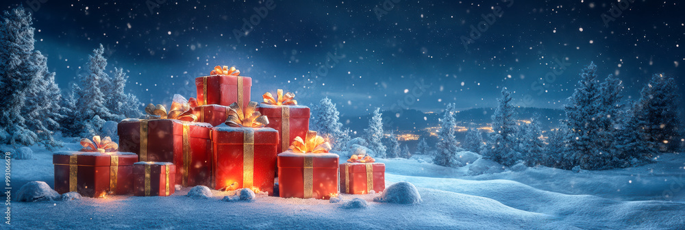 Red Christmas presents in the snow