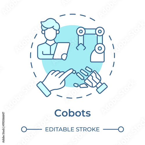 Cobots soft blue concept icon. Collaborative robots. Industry 5.0 technology. Human-robot interaction. Round shape line illustration. Abstract idea. Graphic design. Easy to use in article