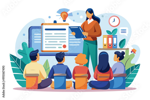 A presenter engages with an audience, sharing knowledge in a modern seminar environment filled with plants, Customizable seminar illustration with a semi-flat design.