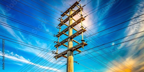 Amidst a clear blue sky, a tall electrical pole rises, supporting power lines that crisscross above the urban photo