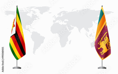 Zimbabwe and Sri Lanka flags for official meeting against background of world map.