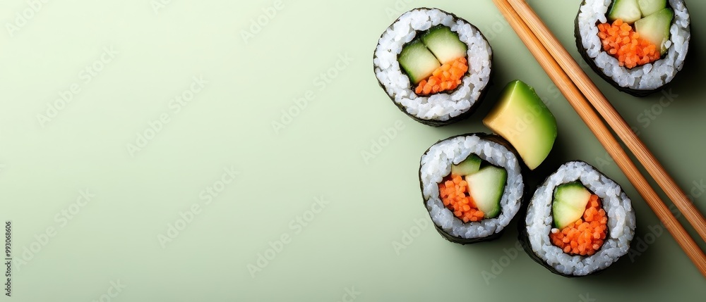 Delicious sushi rolls with fresh cucumber, salmon, and avocado arranged with chopsticks on a soft green background, background with copy space Delicious sushi rolls with fresh cucumber, salmon, and avocado arranged with chopsticks on a soft green background, background with copy space
