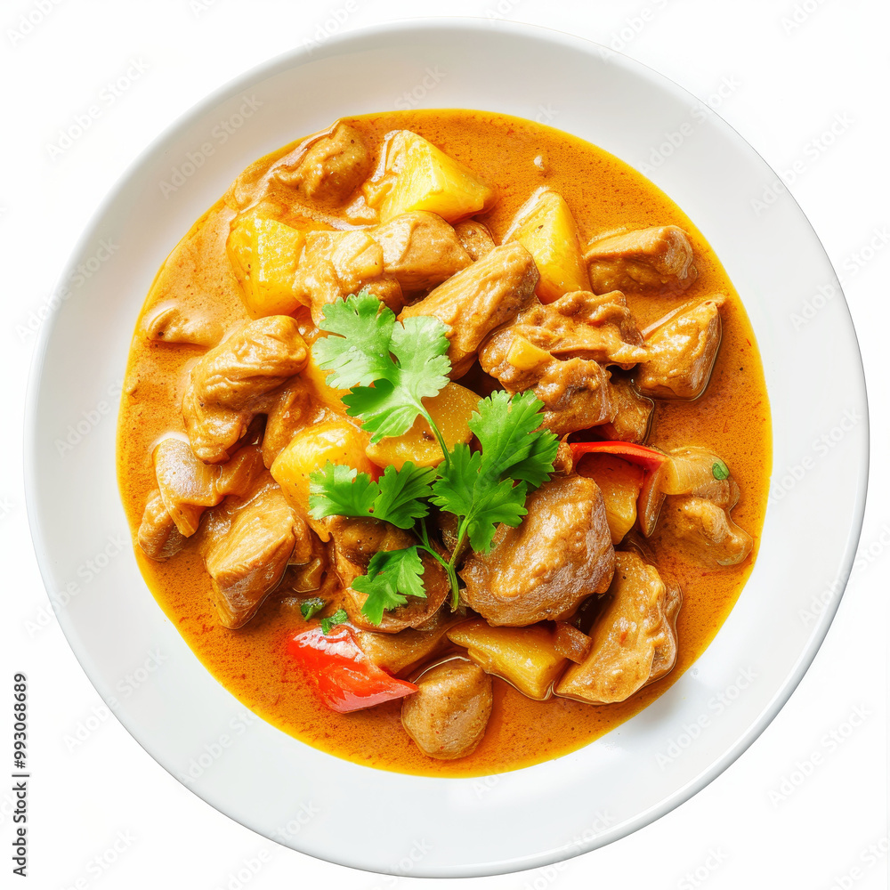 Top view of delicious Massaman curry on a white plate, Thai cuisine concept Top view of delicious Massaman curry on a white plate, Thai cuisine concept