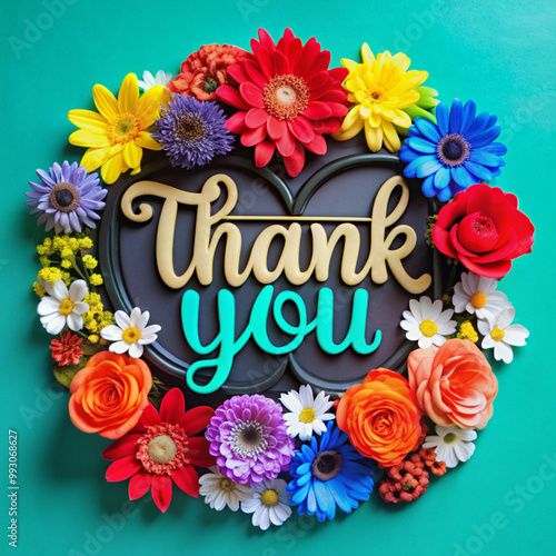 A bright and colorful "Thank You" typography surrounded by flowers and foliage, perfect for greeting cards or gratitude designs.