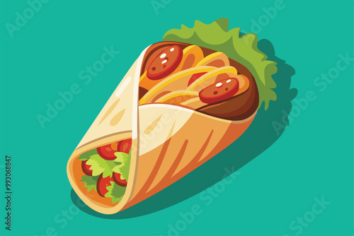 A colorful shawarma wrap showcases fresh vegetables and savory fillings, ready to be enjoyed, Customizable Shawarma Illustration