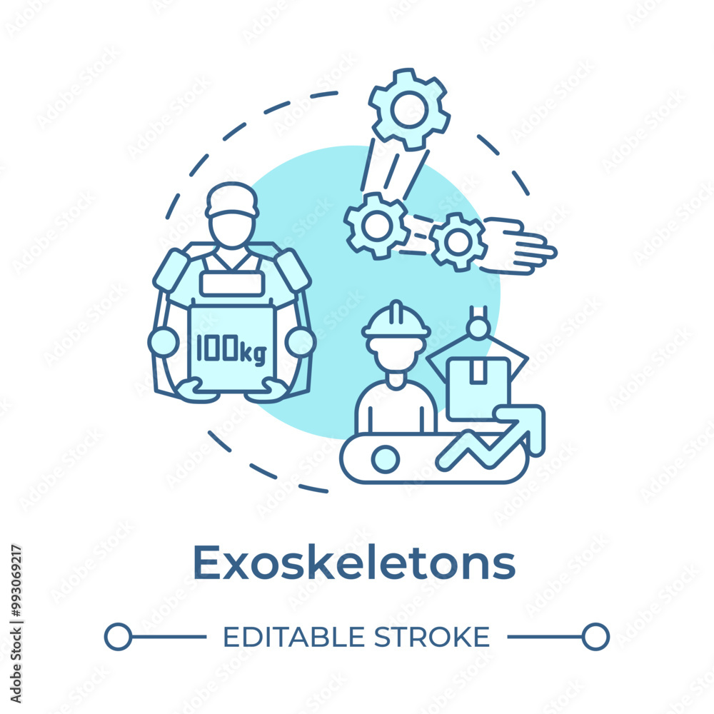 Exoskeleton soft blue concept icon. Industry 5.0 technology. Industrial robotics. Wearable technology. Round shape line illustration. Abstract idea. Graphic design. Easy to use in article Exoskeleton soft blue concept icon. Industry 5.0 technology. Industrial robotics. Wearable technology. Round shape line illustration. Abstract idea. Graphic design. Easy to use in article