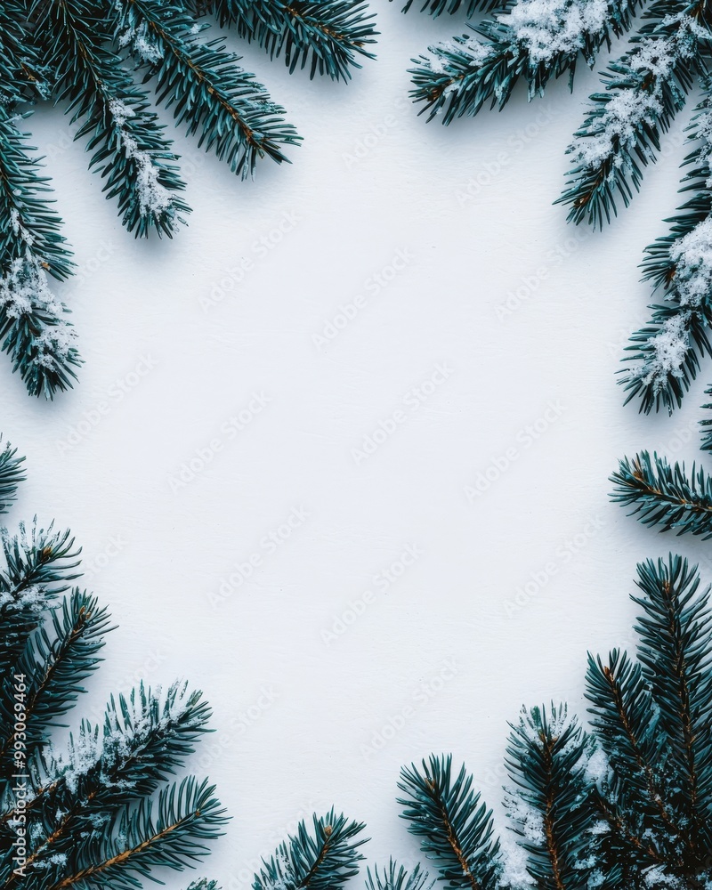 Frame of snow-covered pine branches, winter elegance, white background, watercolor style Frame of snow-covered pine branches, winter elegance, white background, watercolor style