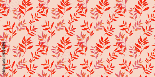 Abstract artistic branches leaves seamless pattern. Autumn leaf stems print. Vector drawing illustration. Nature ornament for textiles, fabric, wallpaper