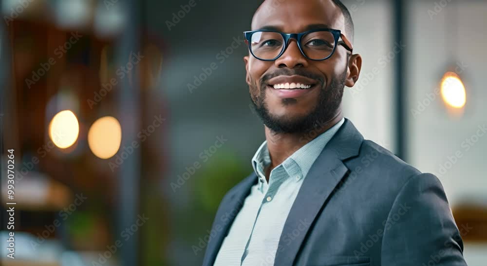 Smiling Man with Skin Wearing Glasses and Brown Suit Smiling Man with Skin Wearing Glasses and Brown Suit