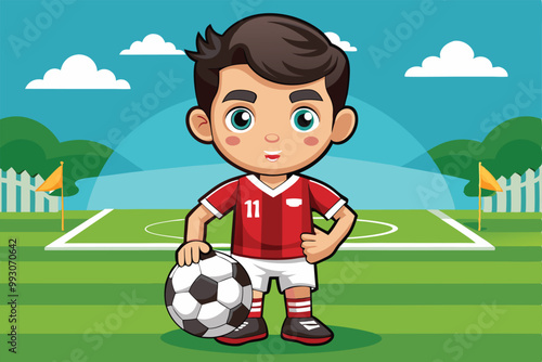 A cheerful soccer player in a red uniform poses with a ball on a lush green field under a clear sky, Customizable soccer cartoon illustration. photo