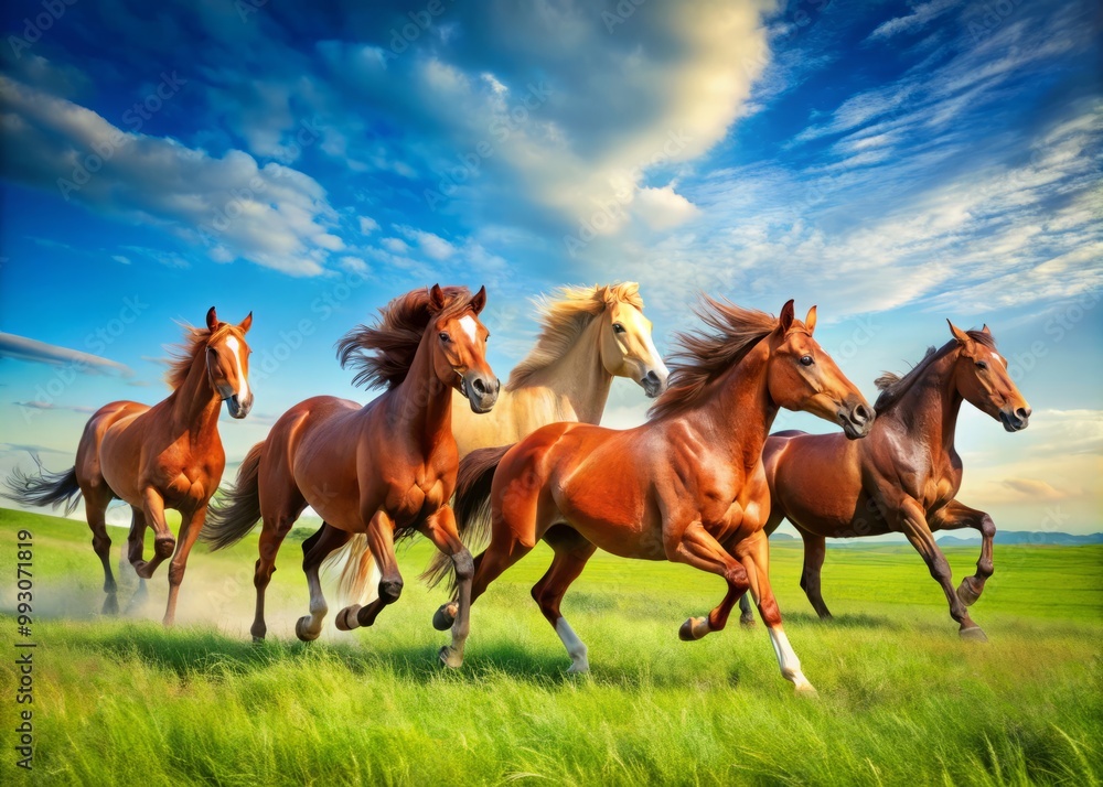 A stunning display of majestic horses gallops across a lush, green field, their powerful strides set against the