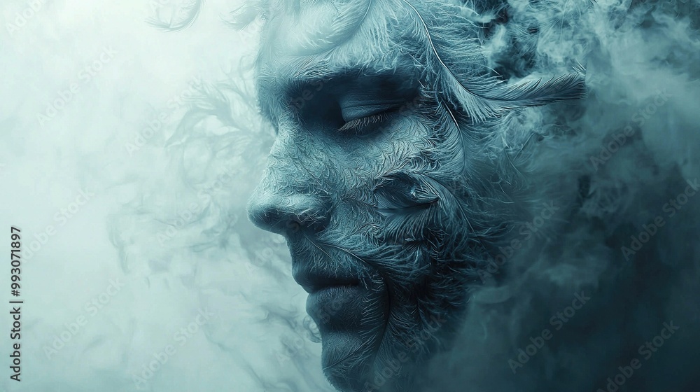 A person's face with smoke from above the nose to the forehead A person's face with smoke from above the nose to the forehead