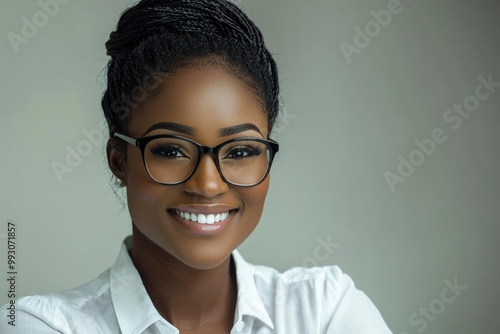 Portrait of a smiling woman with black hair, wearing glasses and a white shirt.