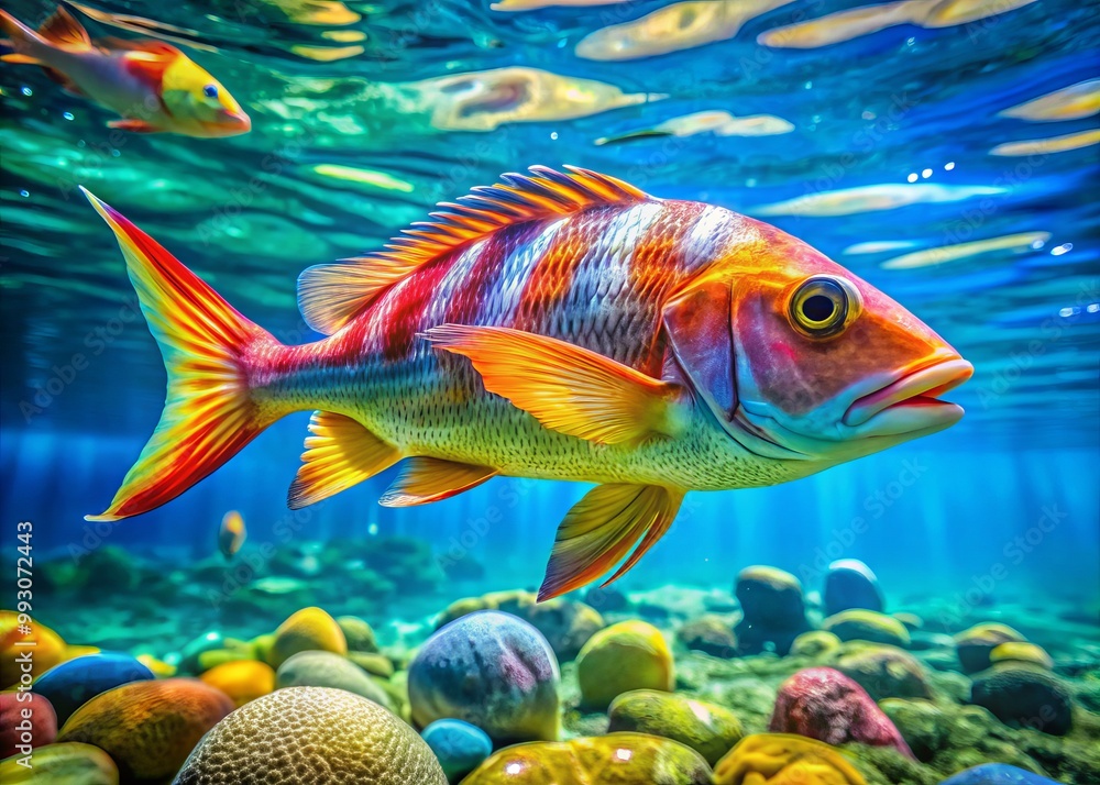 Naklejka premium A surreal fish with legs swims gracefully in transparent waters, blending the strange and beautiful aspects of marine