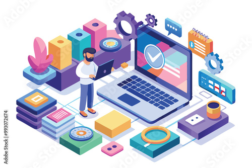 A software tester engages with a laptop surrounded by colorful digital tools and resources for optimizing workflows, Customizable software tester illustration in isometric style.