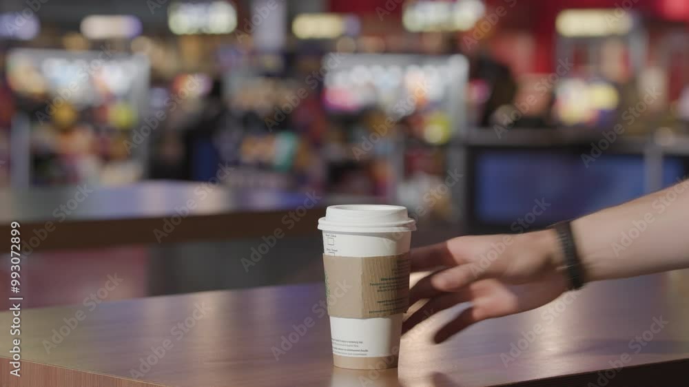 Coffee cup on a table in a movie theatre lobby Coffee cup on a table in a movie theatre lobby