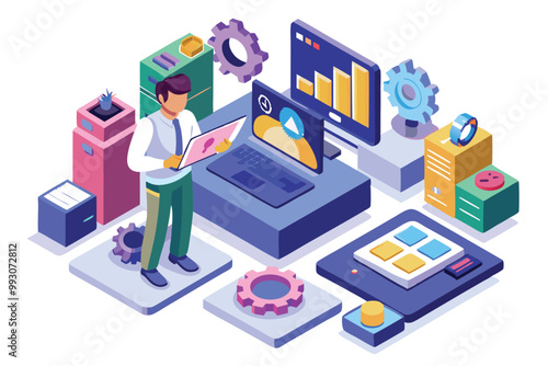 A software tester engages with customizable tools and technology in a vibrant work setting, Customizable software tester illustration in isometric style.