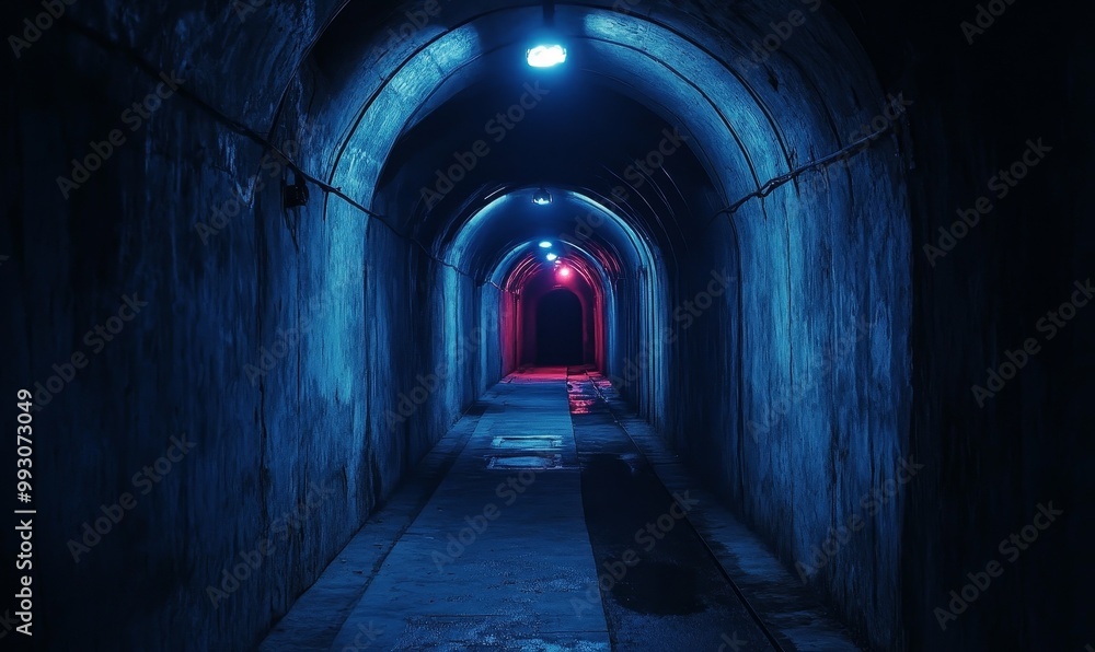 Blue and red lights illuminate a dark tunnel. Blue and red lights illuminate a dark tunnel.