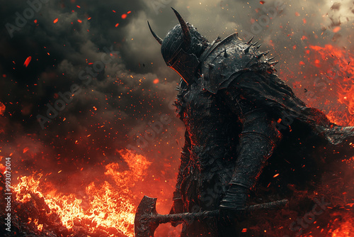 fiery demon warrior stands against a burning backdrop, embodying destruction and power