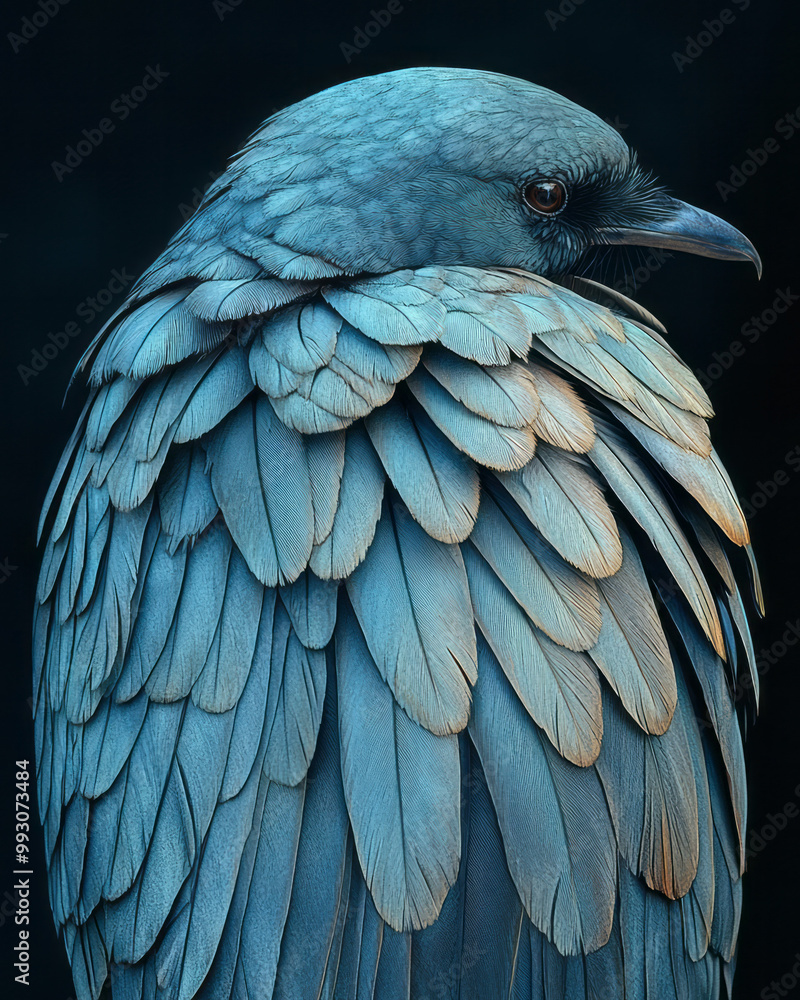 Fototapeta premium A detailed close-up of a bird wing, focusing on the overlapping feathers in shades of grey and blue,