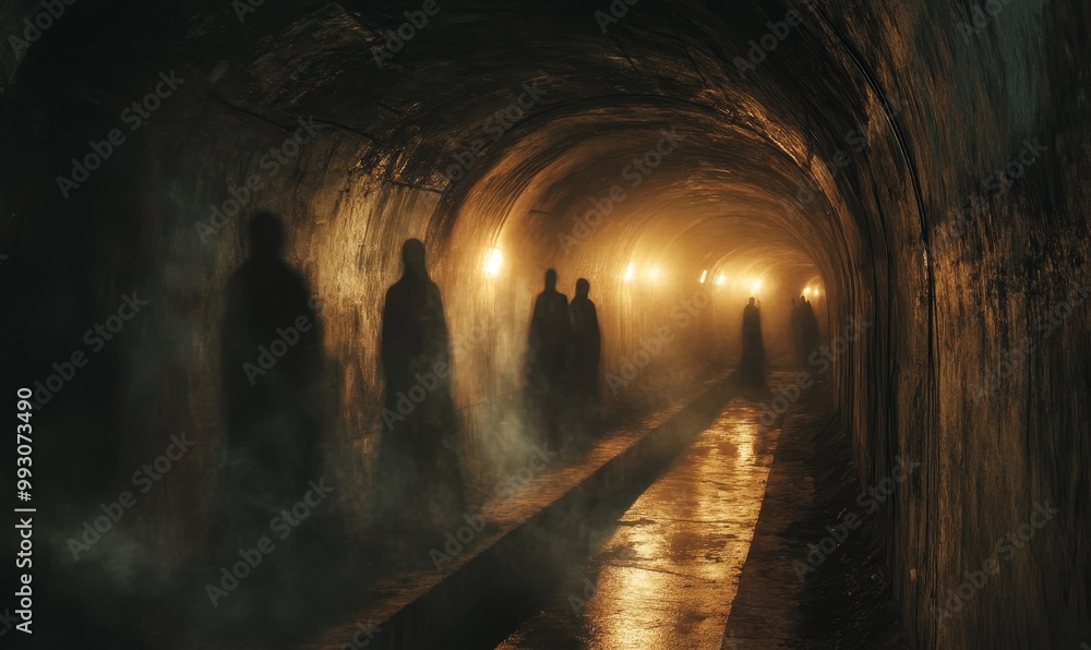 Naklejka premium Dark tunnel with shadowy figures.