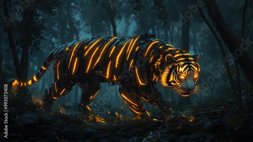 Robotic tiger with glowing stripes stalking through the underbrush of a twilight forest, its eyes glowing fiercely photo