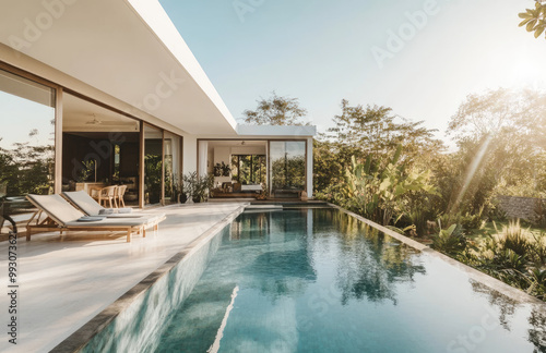 the front view, small swimming pool, and garden in a minimalist-style Bali villa with white walls, bright light, and daylight.