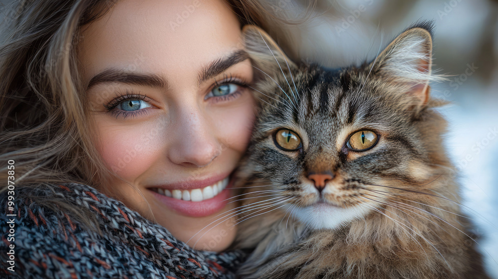 A person hugging their fluffy cat with a wide smile, A person hugging their fluffy cat with a wide smile,