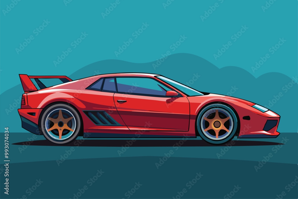 Naklejka premium A sleek red sports car stands prominently, showcasing its customizable features against a vibrant backdrop, Customizable sports car illustration