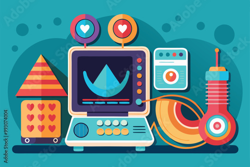 This illustration showcases a creative representation of sonography equipment in a vibrant, cheerful setting, Customizable sonography illustration