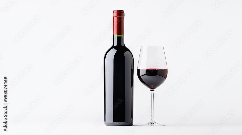 A bottle of red wine on a white background with a wine-filled glass reflecting its image A bottle of red wine on a white background with a wine-filled glass reflecting its image