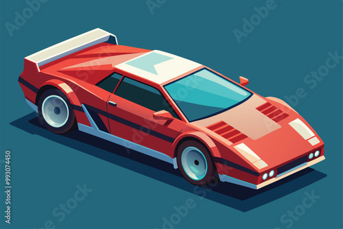 A sleek and customizable sports car is presented in an isometric style with striking colors and geometric shapes, Customizable sports car illustration in isometric style.