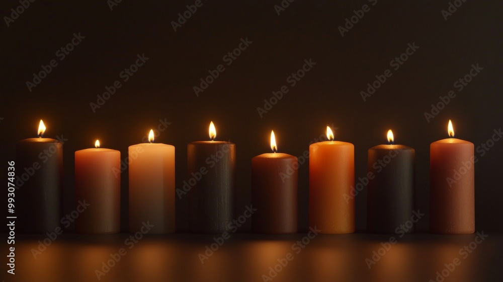 Row of lit candles are casting a warm light, creating a cozy and intimate atmosphere perfect for relaxation or meditation Row of lit candles are casting a warm light, creating a cozy and intimate atmosphere perfect for relaxation or meditation