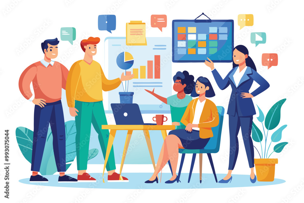 A diverse team collaboratively discussing project updates during a standup meeting at their workplace, Customizable Standup Meeting Illustration A diverse team collaboratively discussing project updates during a standup meeting at their workplace, Customizable Standup Meeting Illustration
