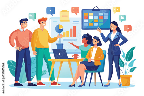 A diverse team collaboratively discussing project updates during a standup meeting at their workplace, Customizable Standup Meeting Illustration