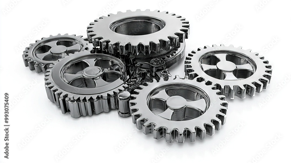 A set of metallic gears arranged side-by-side on a white background against a white backdrop A set of metallic gears arranged side-by-side on a white background against a white backdrop