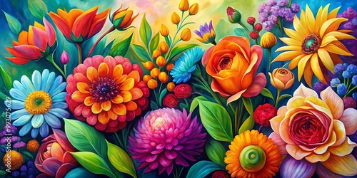 Bright springtime acrylics on canvas feature vibrant blooms and abstract patterns, presenting a fresh and dynamic