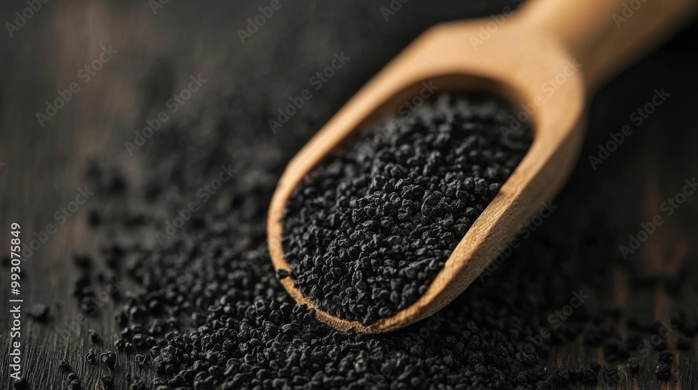 Fine Black Seeds in Wooden Scoop Fine Black Seeds in Wooden Scoop