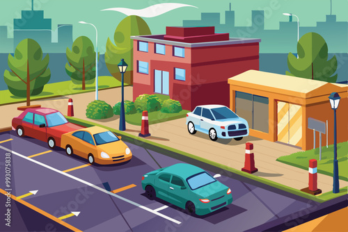 A colorful street layout showcases paid parking spaces alongside trees and buildings in a vibrant urban setting, Customizable flat illustration of street paid parking.
