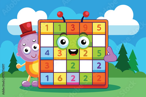 A colorful sudoku cartoon features friendly characters beside a lively puzzle grid outdoors, Customizable Sudoku Cartoon Illustration