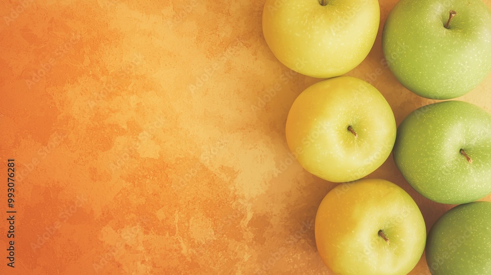 Six vibrant green and yellow apples on bright orange surface with room for text, ideal for healthy lifestyle, nutrition, and organic themes Six vibrant green and yellow apples on bright orange surface with room for text, ideal for healthy lifestyle, nutrition, and organic themes