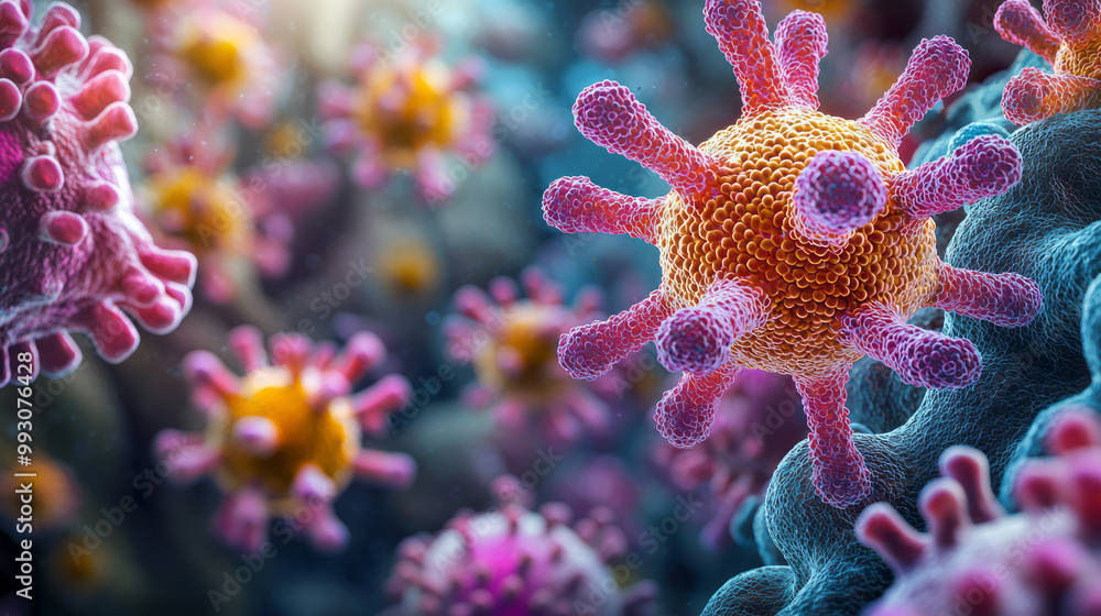 Fototapeta premium A vibrant image of bacteria and viruses interacting with human cells,