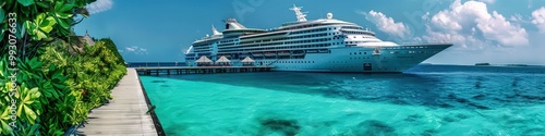 A luxurious cruise ship docked by a Maldives pier, surrounded by turquoise water and lush greenery.