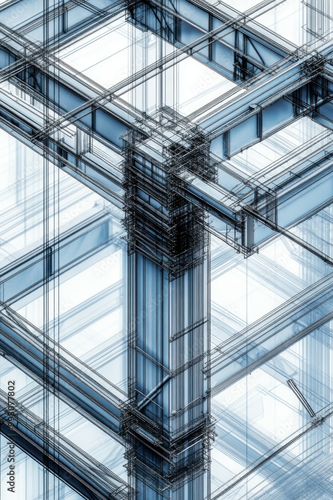 Obraz premium Close-up of a detailed CAD drawing illustrating a steel frame for a large-scale structure, with a focus on beam junctions and support columns, captured in a highly realistic, high-definition photo